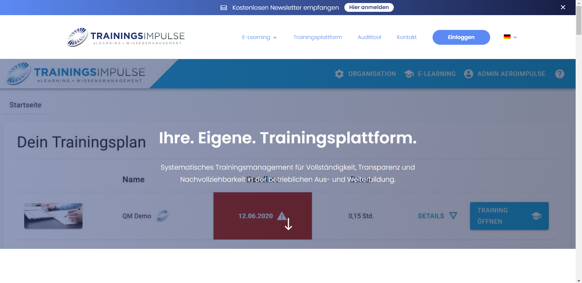 Capture d'écran de la plateforme de formation Trainingsimpulse